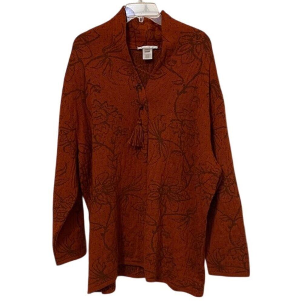 Susan Bristol Vintage Burnt Orange Floral Knit Sweater Jacket Womens Size Medium